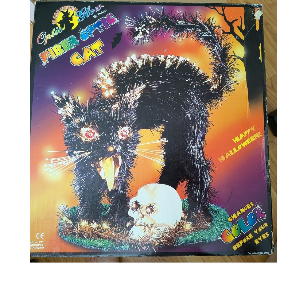 Fiber Optic Color Changing Cat Halloween Decor Spooky Vintage Animated Skull